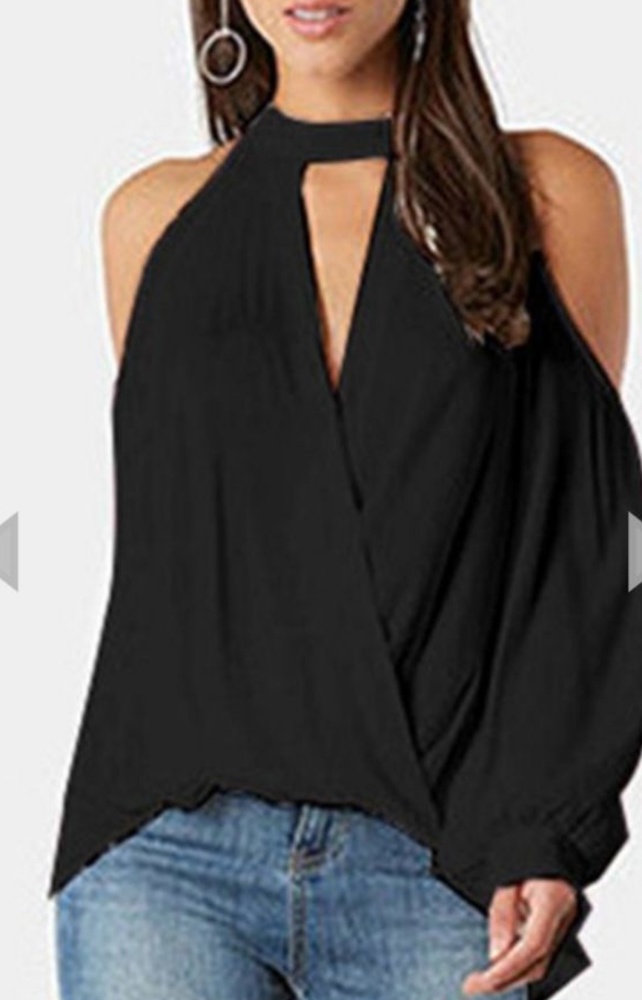 Long Sleeve Cold Shoulder Choker Top - Picture 1 of 8